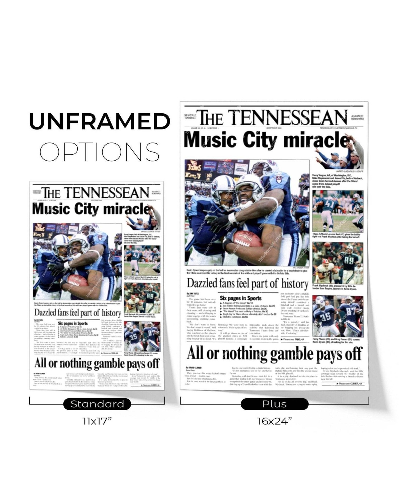 2000 Tennessee Titans ‘Music City Miracle’ Framed Newspaper.