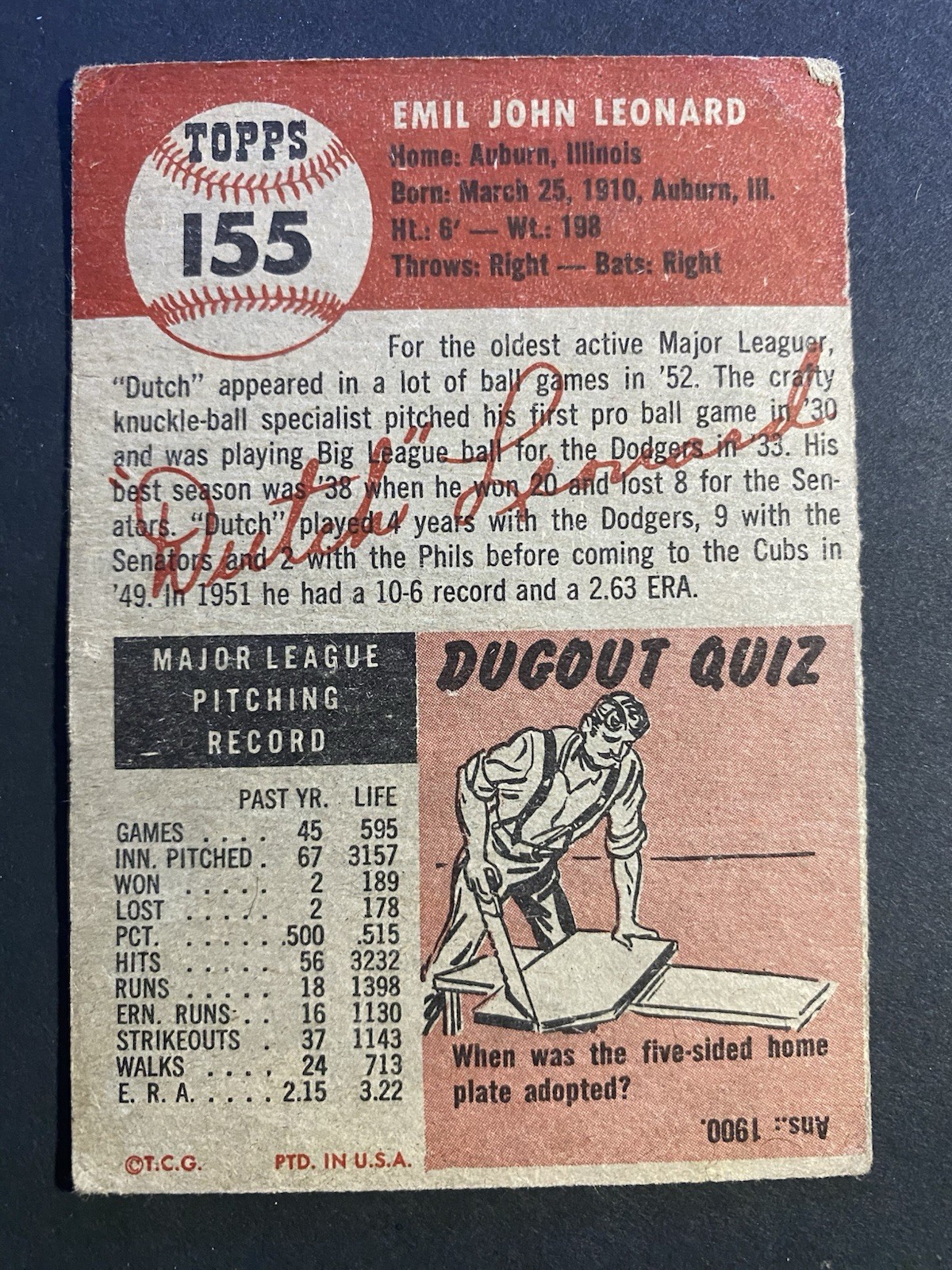 1953 Topps Baseball Dutch Leonard Chicago Cubs Card #155