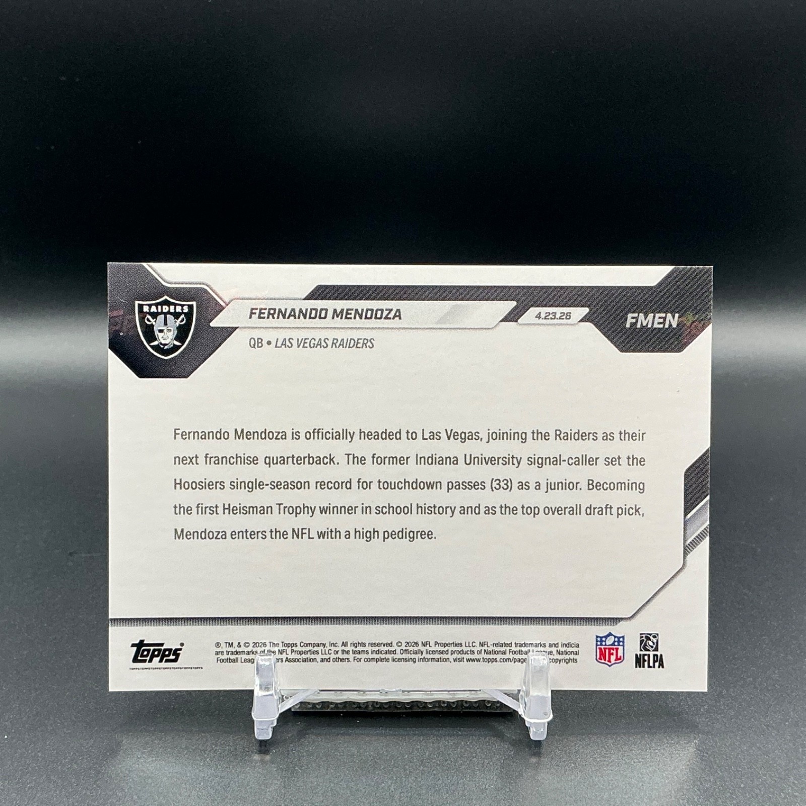 FERNANDO MENDOZA Raiders RC 2026 Topps NOW 1st Overall Draft Pick #FMEN