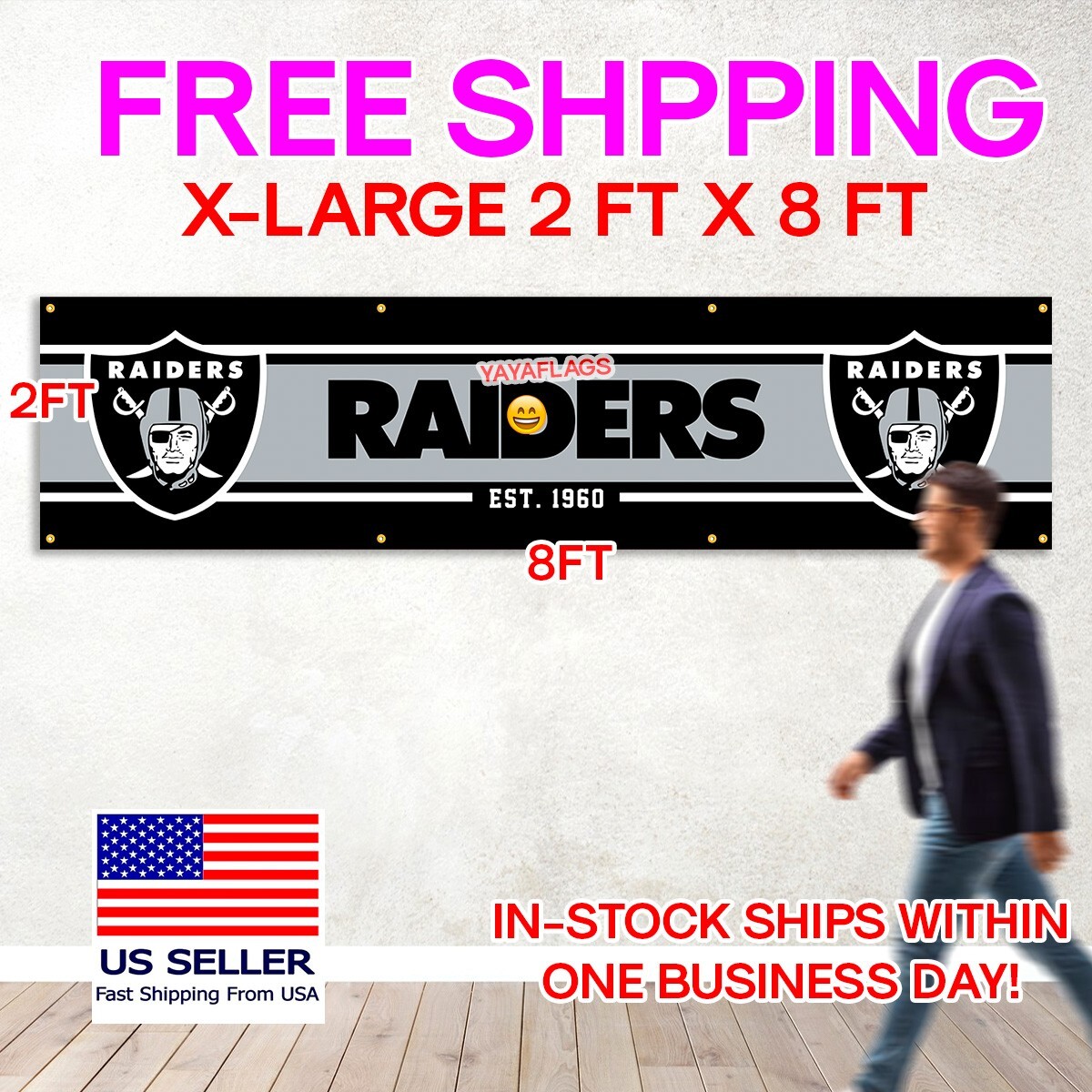Oakland Raiders 2×8 Foot American Flag Banner New Las Vegas FREE Shipping
