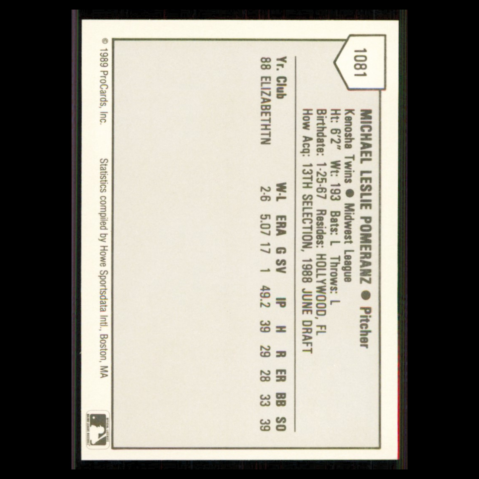Mike Pomeranz #1081 1989 ProCards Minor League Team Sets Kenosha Twins Baseball