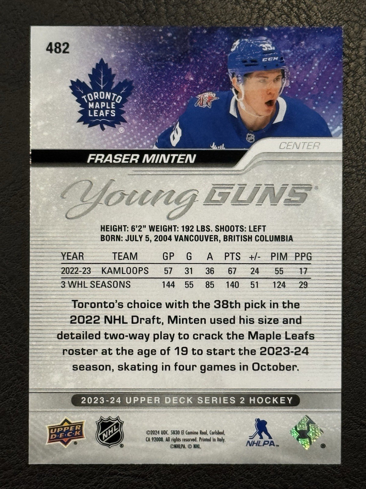 2023-24 Upper Deck Series 2 – Fraser Minten #482 YOUNG GUNS (RC)