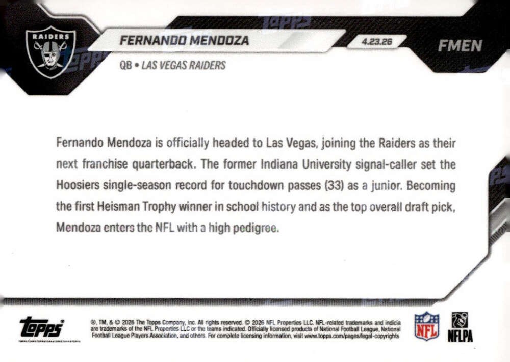 FERNANDO MENDOZA RC 2026 Topps NOW #FMEN ROOKIE Raiders NM-MT 1st Pick ID:169738