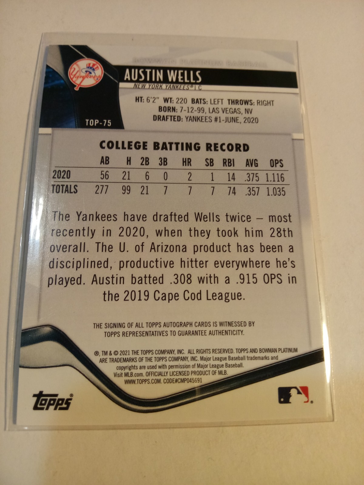 2021 Bowman Platinum – Top Prospects Austin Wells #TOP-75 Autographs (AU, RC)
