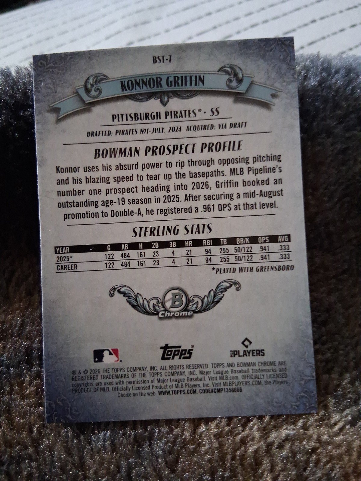 2026 Bowman Konnor Griffin Bowman Sterling Mojo Refractor Pirates Prospect BST-7