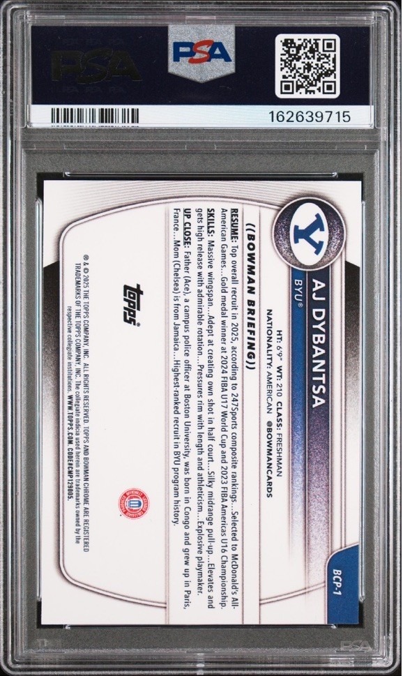 AJ DYBANTSA 2025-26 BOWMAN CHROME 1ST SAPPHIRE REFRACTOR PSA 8