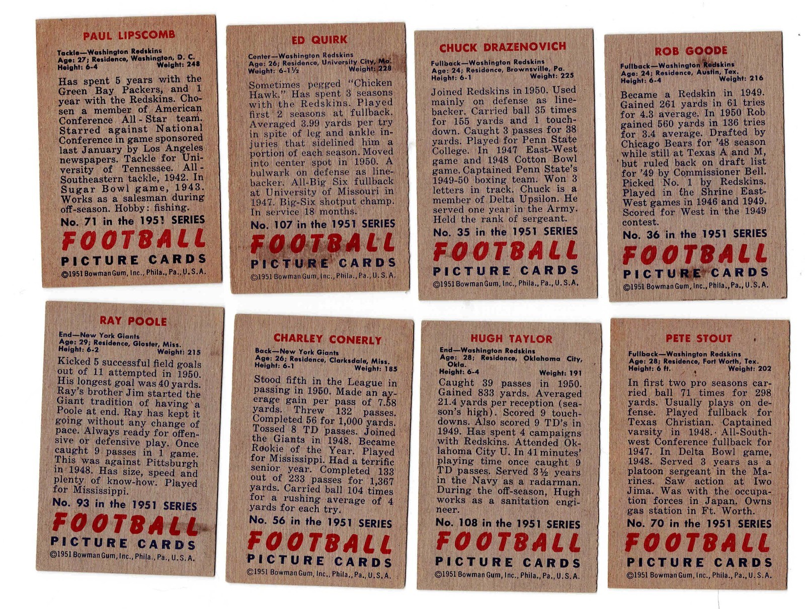 1951 Bowman Football Cards Part Set Qty 75 Different Many HOF Players.