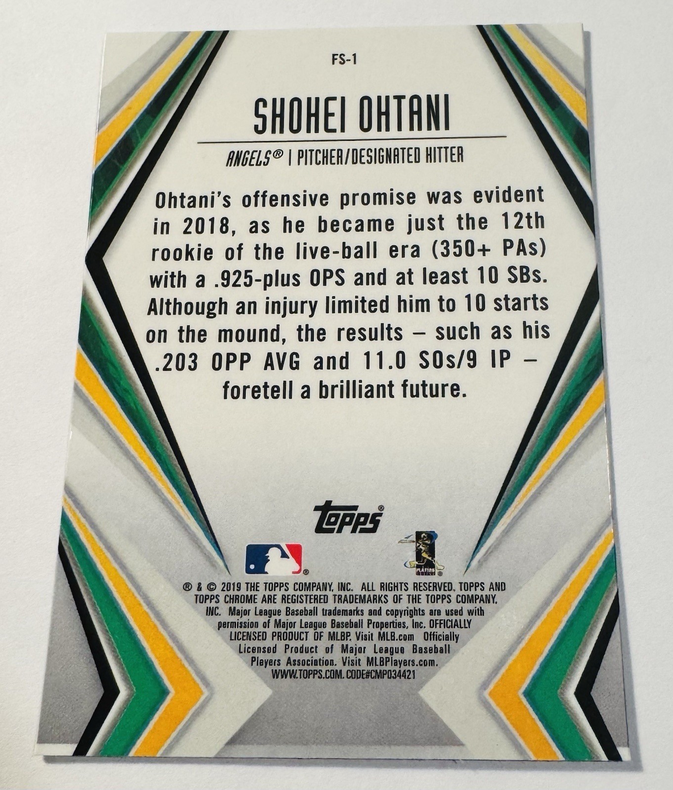 Topps 2019 Chrome Shohei Ohtani Future Stars #FS-1 Angels Baseball Card