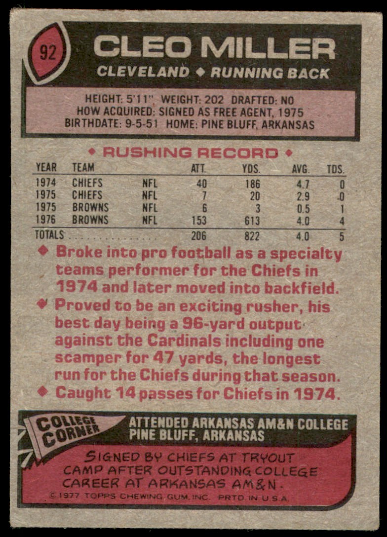 1977 Topps Cleo Miller RC Cleveland Browns #92 EX-EX+