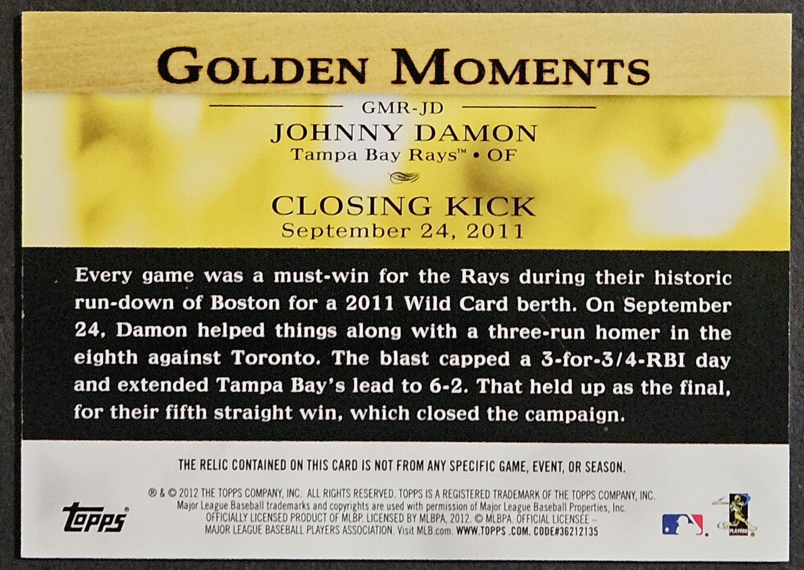 2012 Topps Golden Moments Game-Used Jersey Relic #GMR-JD Johnny Damon