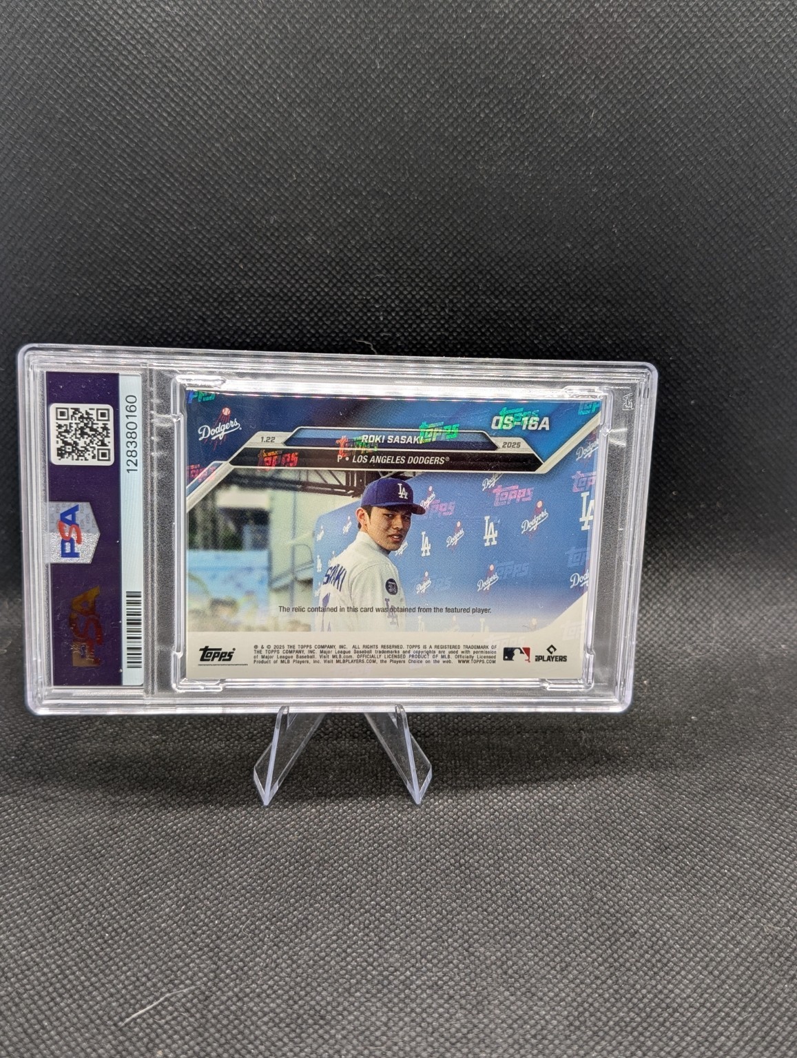 2024 Topps Now Roki Sasaki OS16A Purple Relic /25 PSA 8 Dodgers Event-Worn Hat