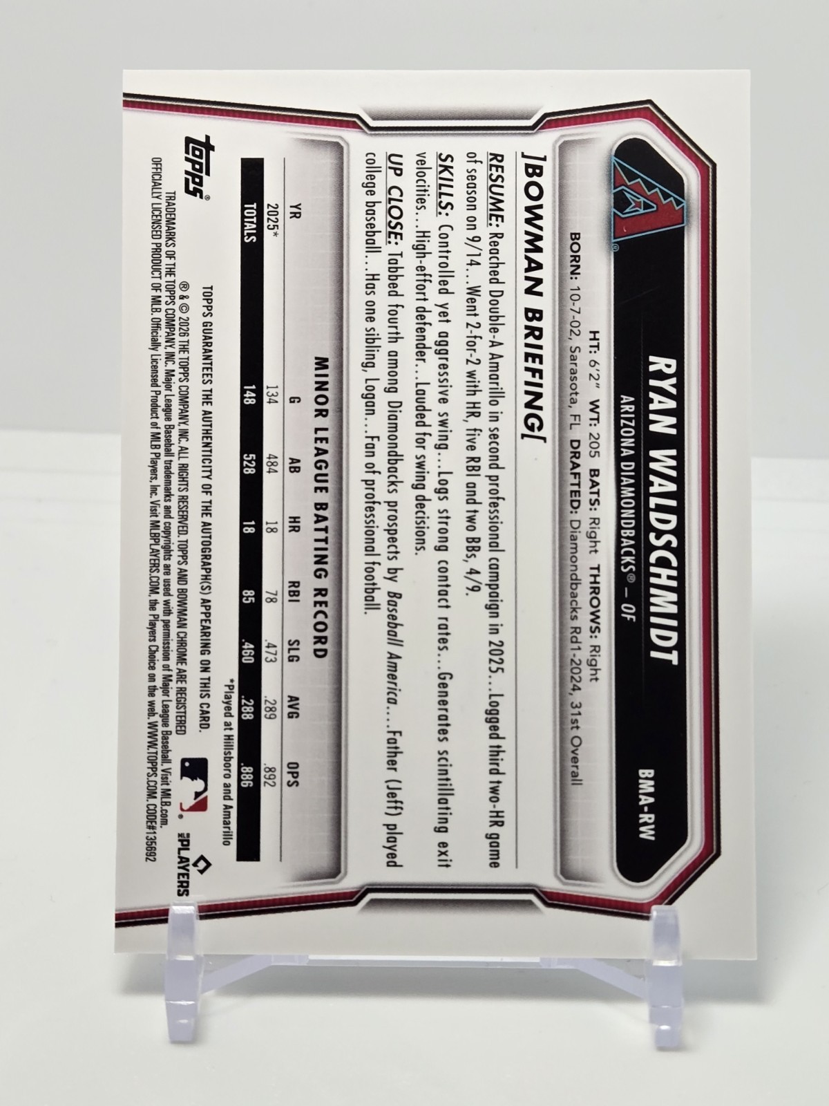 2026 Bowman Chrome Ryan Waldschmidt Auto Mojo Refractor #BMA-RW Prospect ON CARD