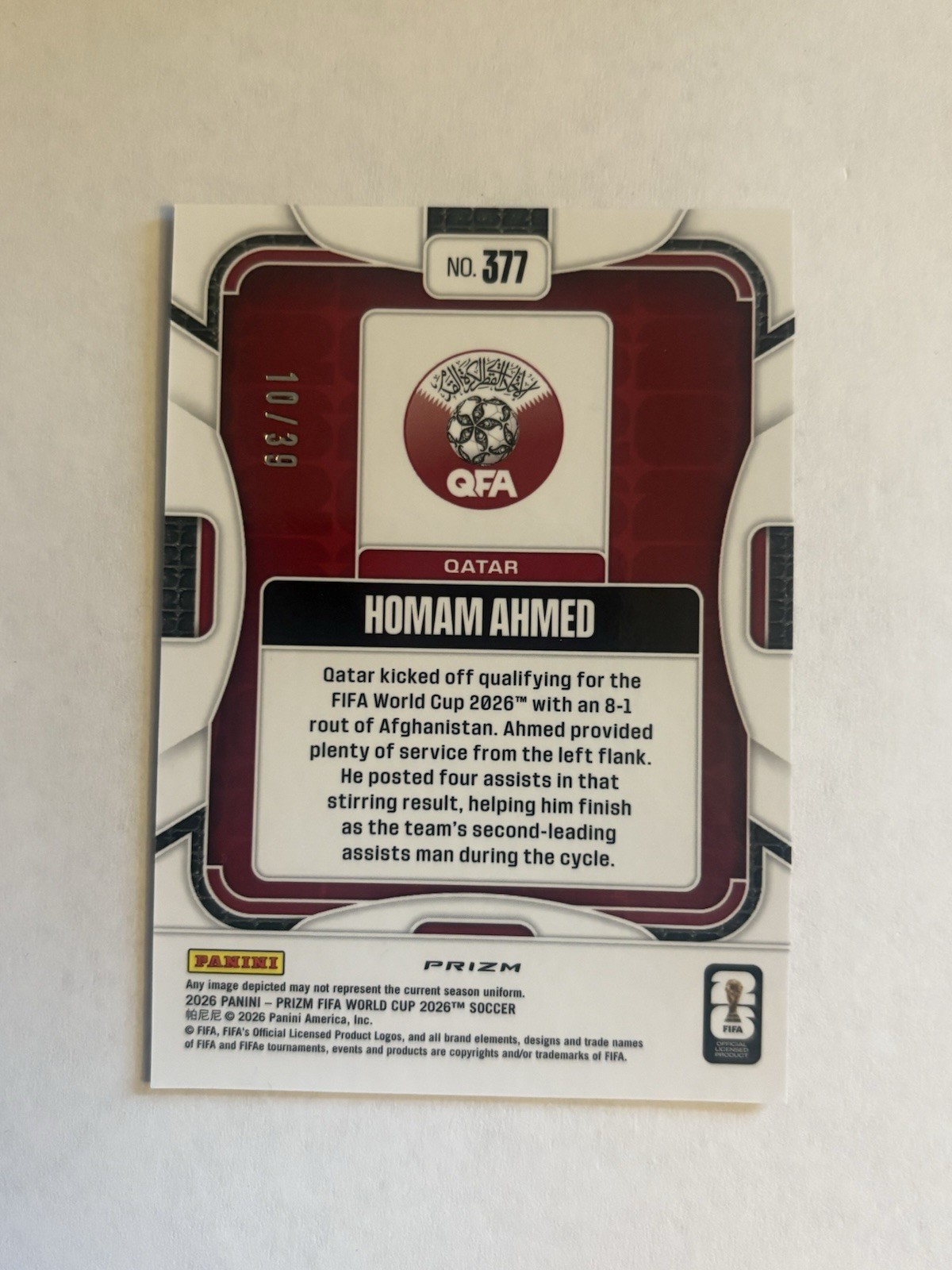 2026 Panini Prizm FIFA World Cup Red Wave prizm Homam Ahmed Qatar RC # 10/39