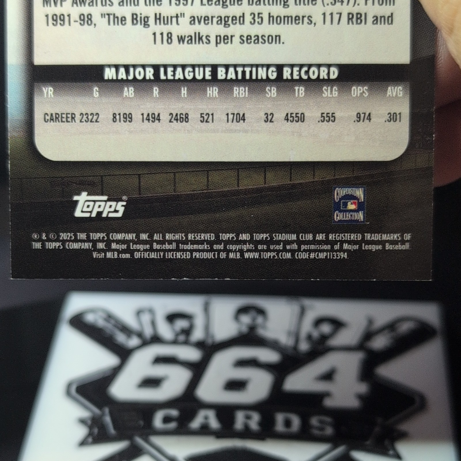 2025 Stadium Club #1 Frank Thomas Green Foil #/199