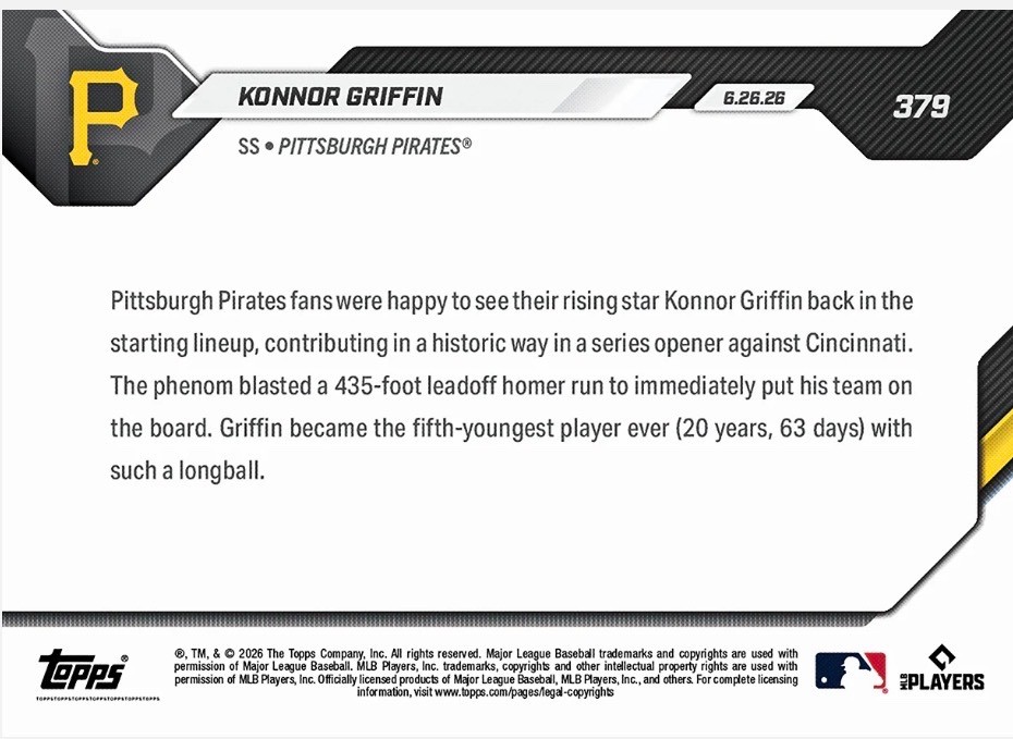 💥2026 Topps Now #379💥KONNOR GRIFFIN Leadoff Homer – Presale – Pirates