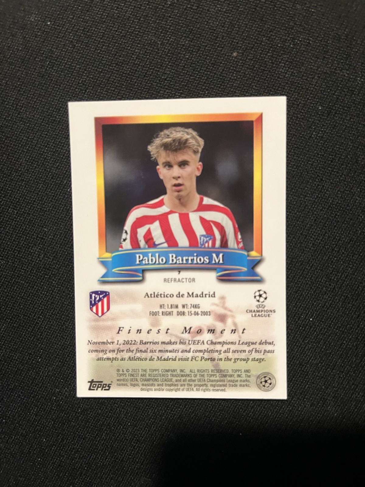 Pablo Barrios 7 2023 Topps Finest 1994 Flashback UEFA Club RC Refractor!!