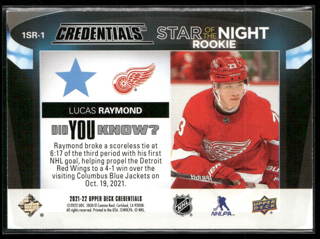 2021-22 Upper Deck Credentials #1SR-1 Lucas Raymond Star of the Night: 1st Star