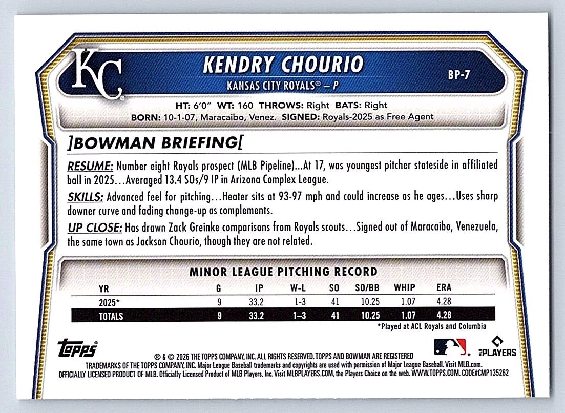 KENDRY CHOURIO ROYALS RC 1st card 2026 BOWMAN PROSPECTS #BP-7