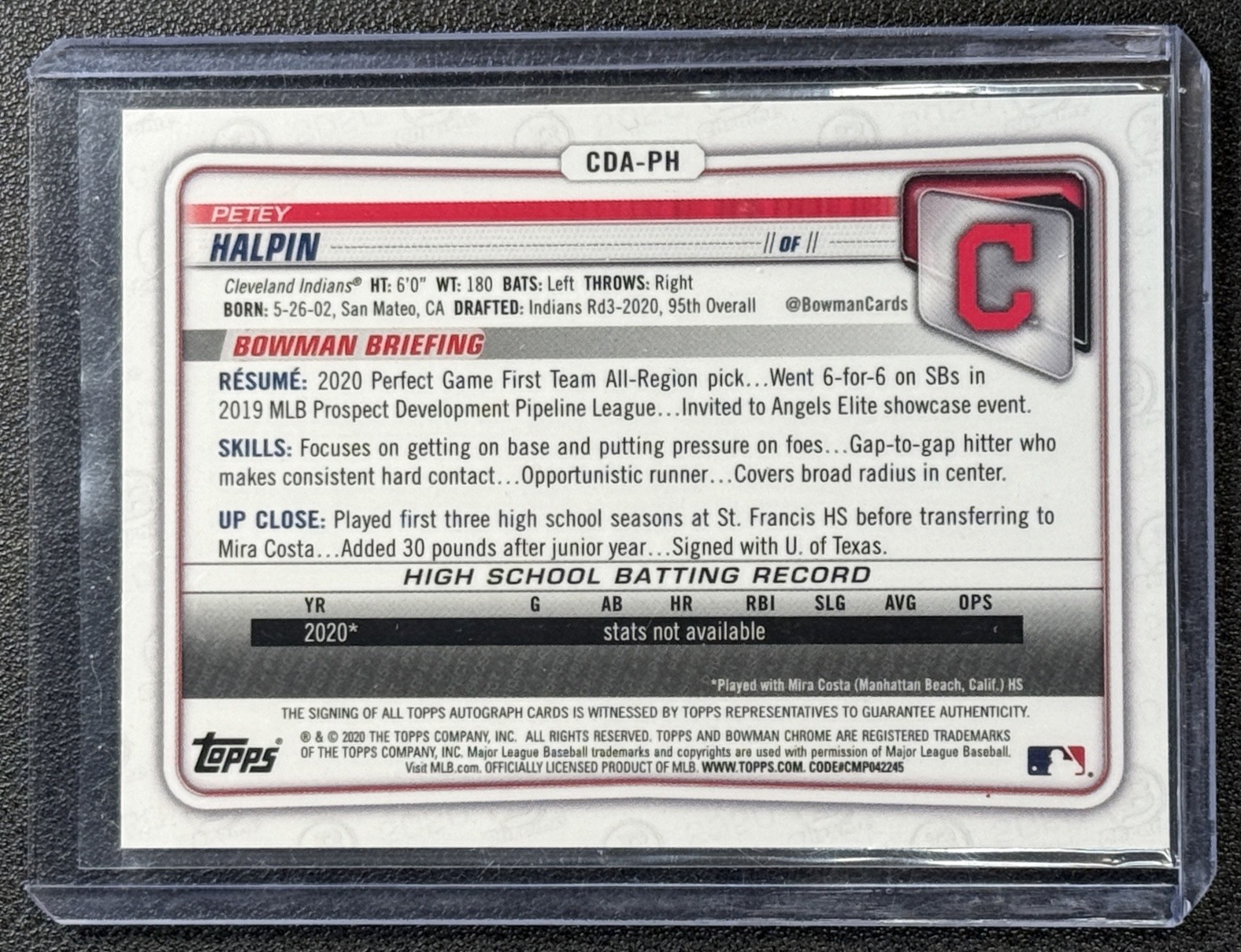 PETEY HALPIN 2020 BOWMAN DRAFT #CDA-PH CHROME 1ST RC AUTO BLUE REFRACTOR 56/150