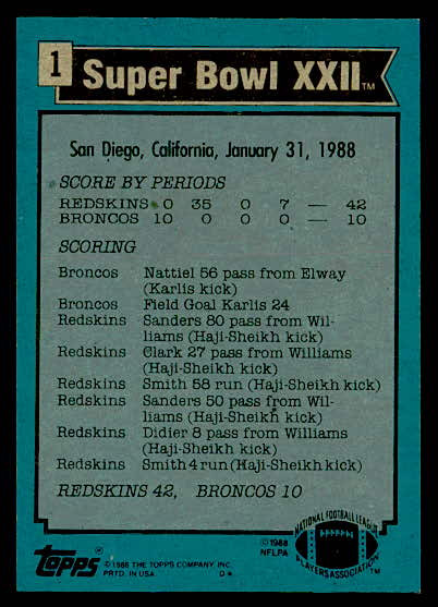 1988 Topps – Super Bowl XXII Redskins vs Broncos #1