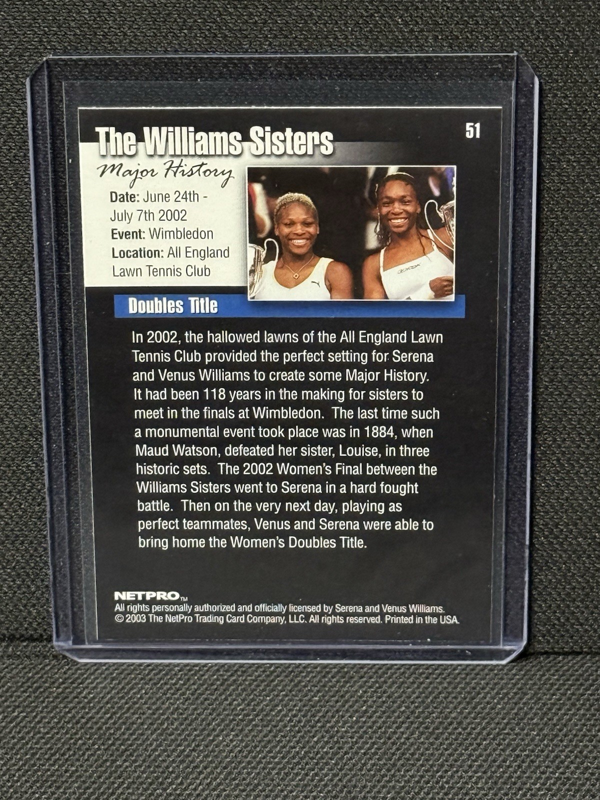 2003 NetPro Serena Williams Venus Williams Major History Wimbledon #51 Tennis