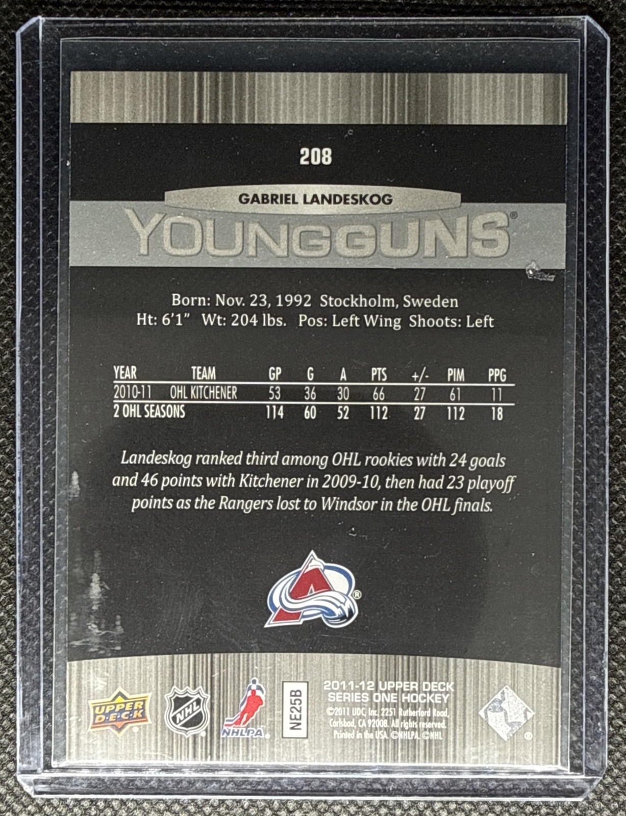 2011-12 Upper Deck Gabriel Landeskog #208 Young Guns RC Avalanche