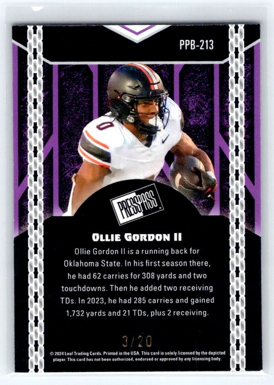 2024 Leaf Ollie Gordon II #/20 Rookie Press Pass Shimmer Light Blue #PPB-213