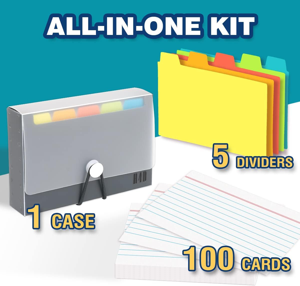 3X5 Index Card Case with 100 Heavyweight Ruled Index Cards and Dividers, Black