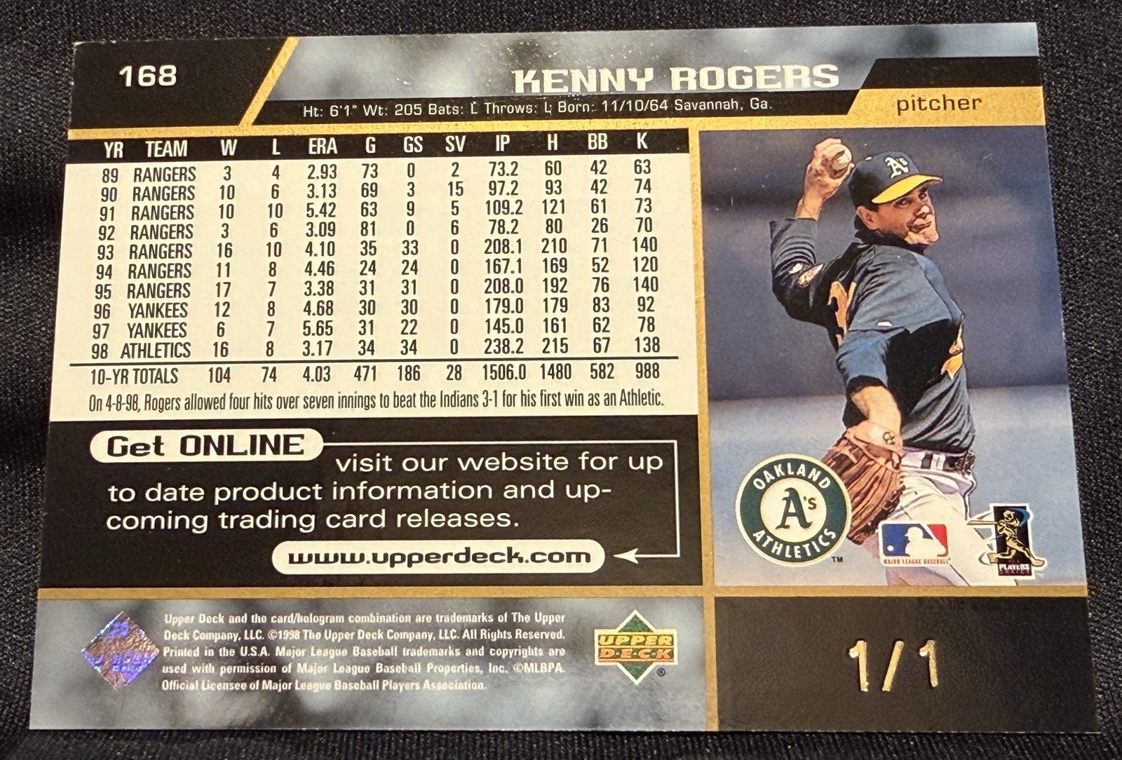 Kenny Rogers 1998 Upper Deck MLB Baseball True Gold 1/1 Oakland Athletics RARE