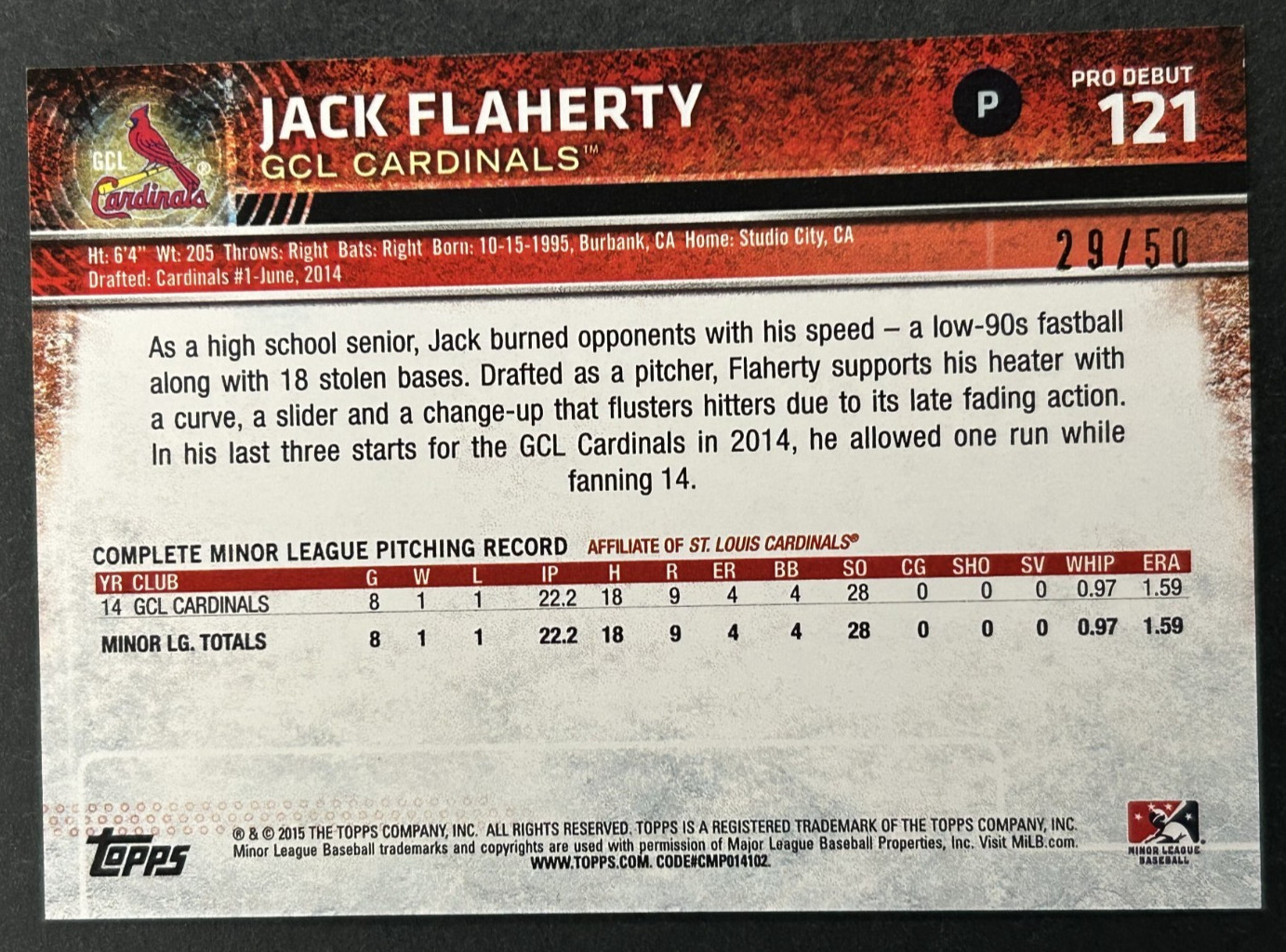 2015 Topps Pro Debut – Jack Flaherty #121 St. Louis Cardinals – GOLD /50