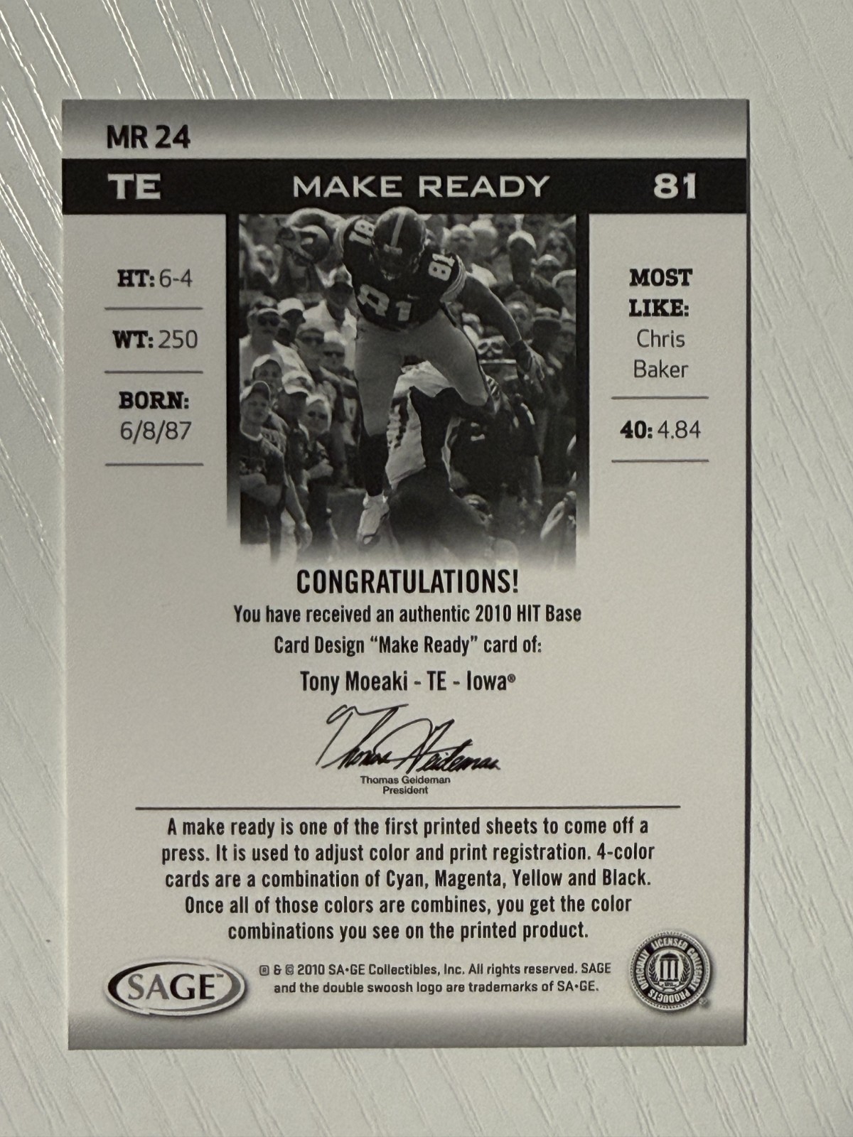 Tony Moeaki 2010 SAGE Hit Make Ready yellow #MR24 44/50 Iowa Hawkeyes