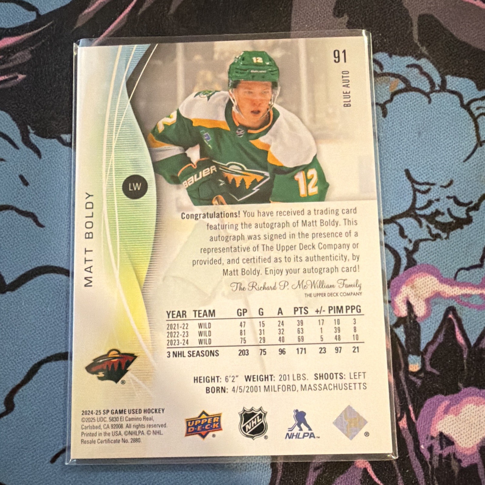 2025-26 Upper Deck Sp Game Used Edition – Matt Boldy #24 Blue Autographs (AU)