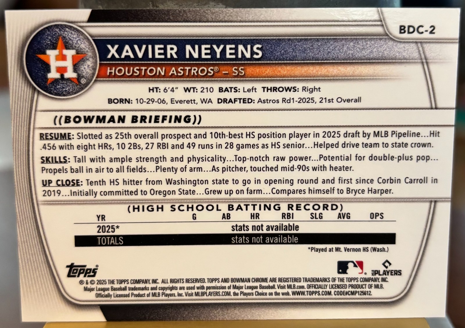 Xavier Neyens – Houston Astros: 2025 1st Bowman Draft Chrome #BDC-2