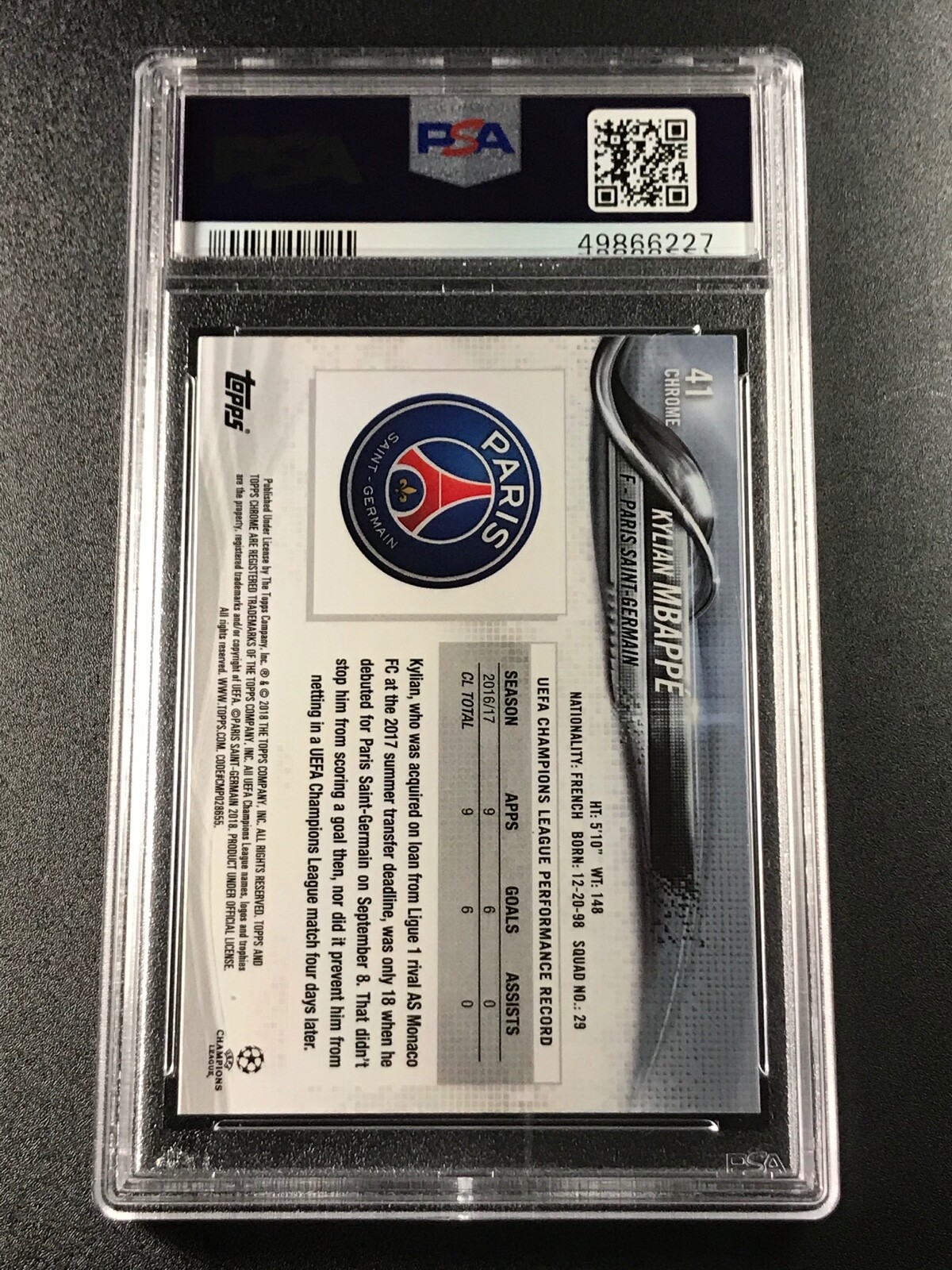 KYLIAN MBAPPE 2017 TOPPS CHROME #41 CHAMPIONS LEAGUE ROOKIE RC PSA 9 PSG FRANCE