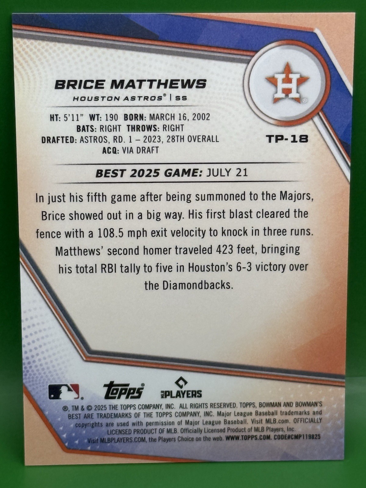 2025 Bowman’s Best Brice Matthews Yellow Refractor /75 #TP-18 – Houston Astros