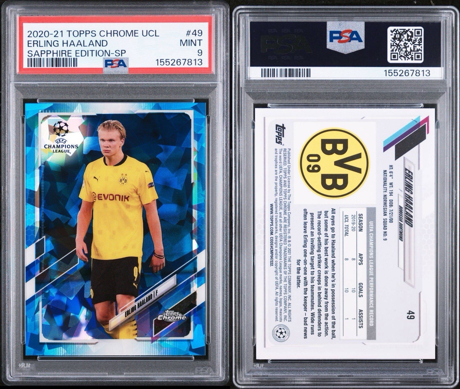 2020 TOPPS CHROME UEFA SAPPHIRE EDITION SP ERLING HAALAND – PSA 9