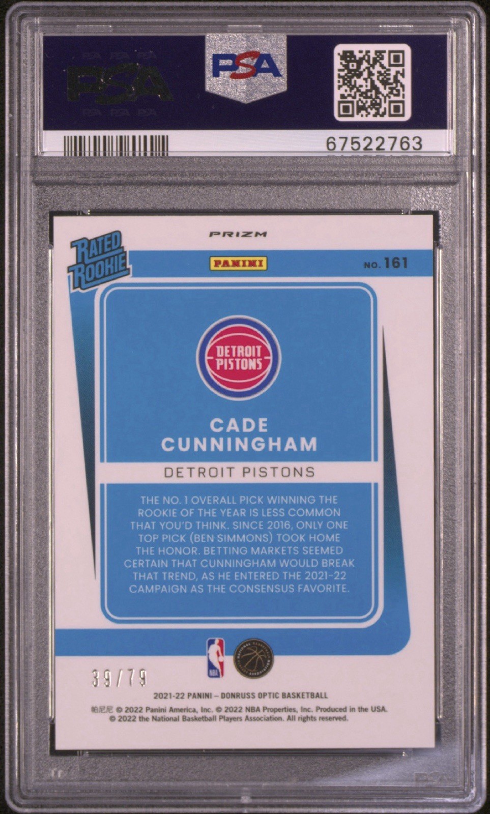 2021 Donruss Optic Rated Rookie Cade Cunningham #161 Pink Velo /79 (RC)