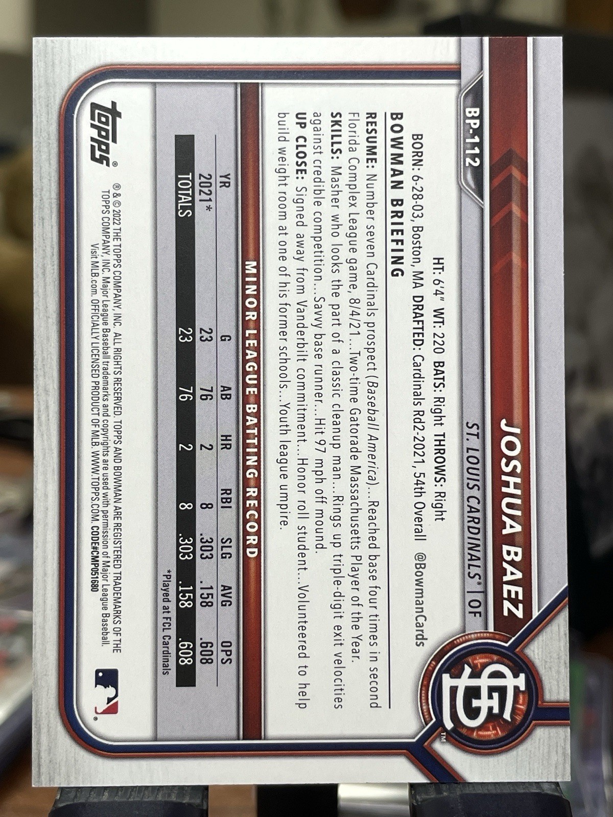 2022 Bowman Joshua Baez 1st Purple /250 Cardinals #BP-112 🔥