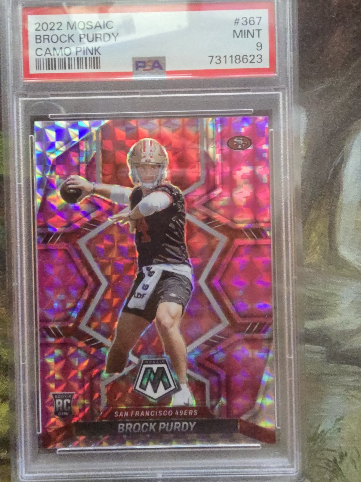 Panini Mosaic 2022 Brock Purdy 49ers Rookies Camo Pink #367 PSA 9