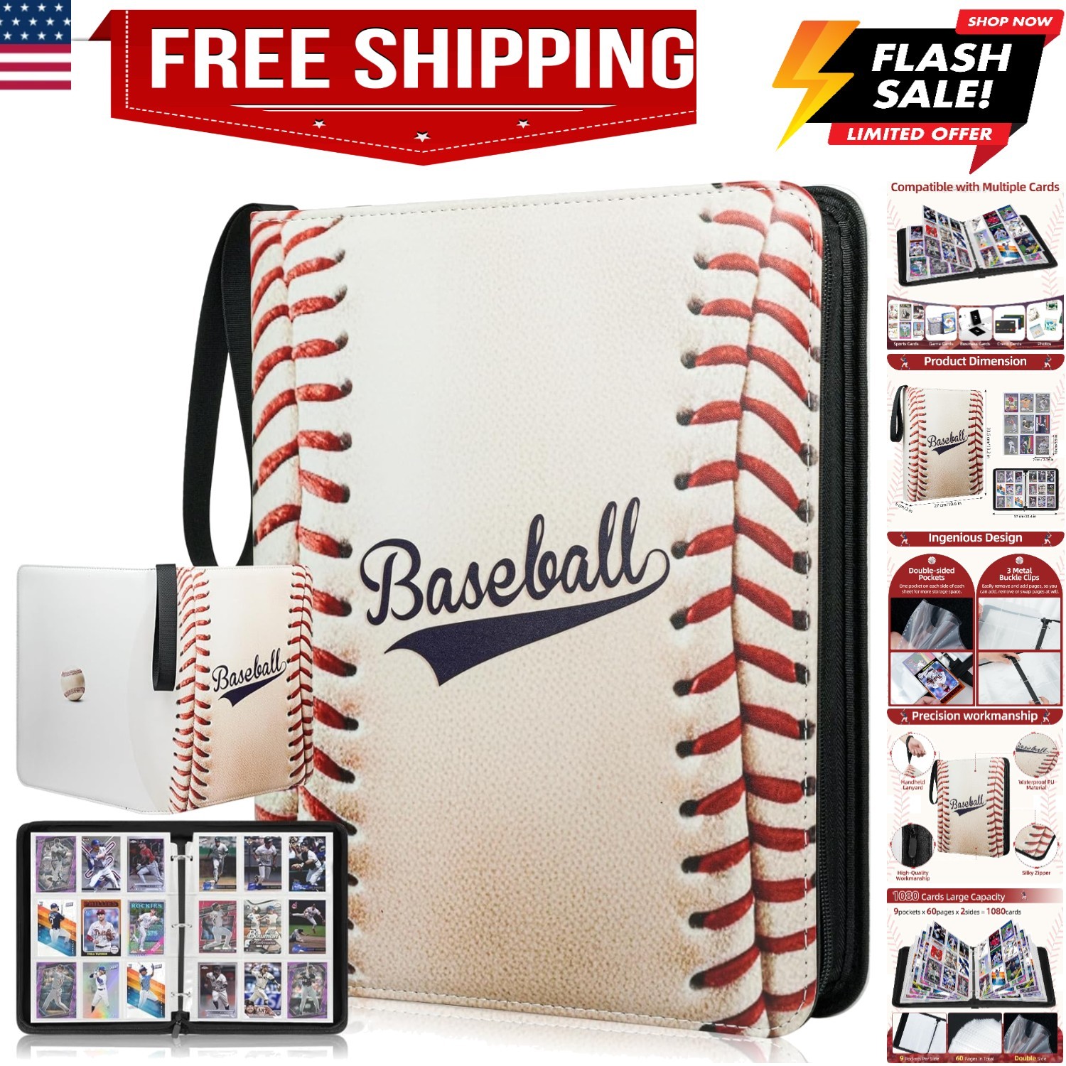 1080 Pockets Baseball Card Binder 9 Pocket, Trading Card Binder With 60 Remov…