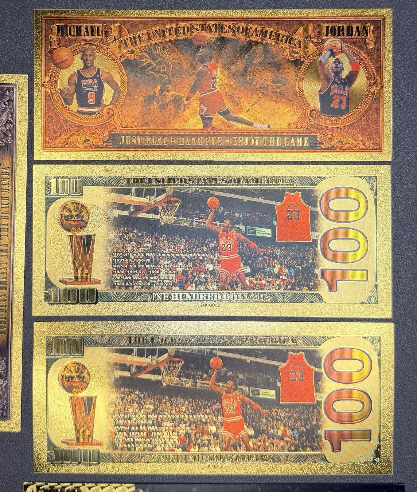 Michael Jordan 24k Gold Foil Banknotes w/ 1 Kobe Note – LOT of 5 In Top Loaders