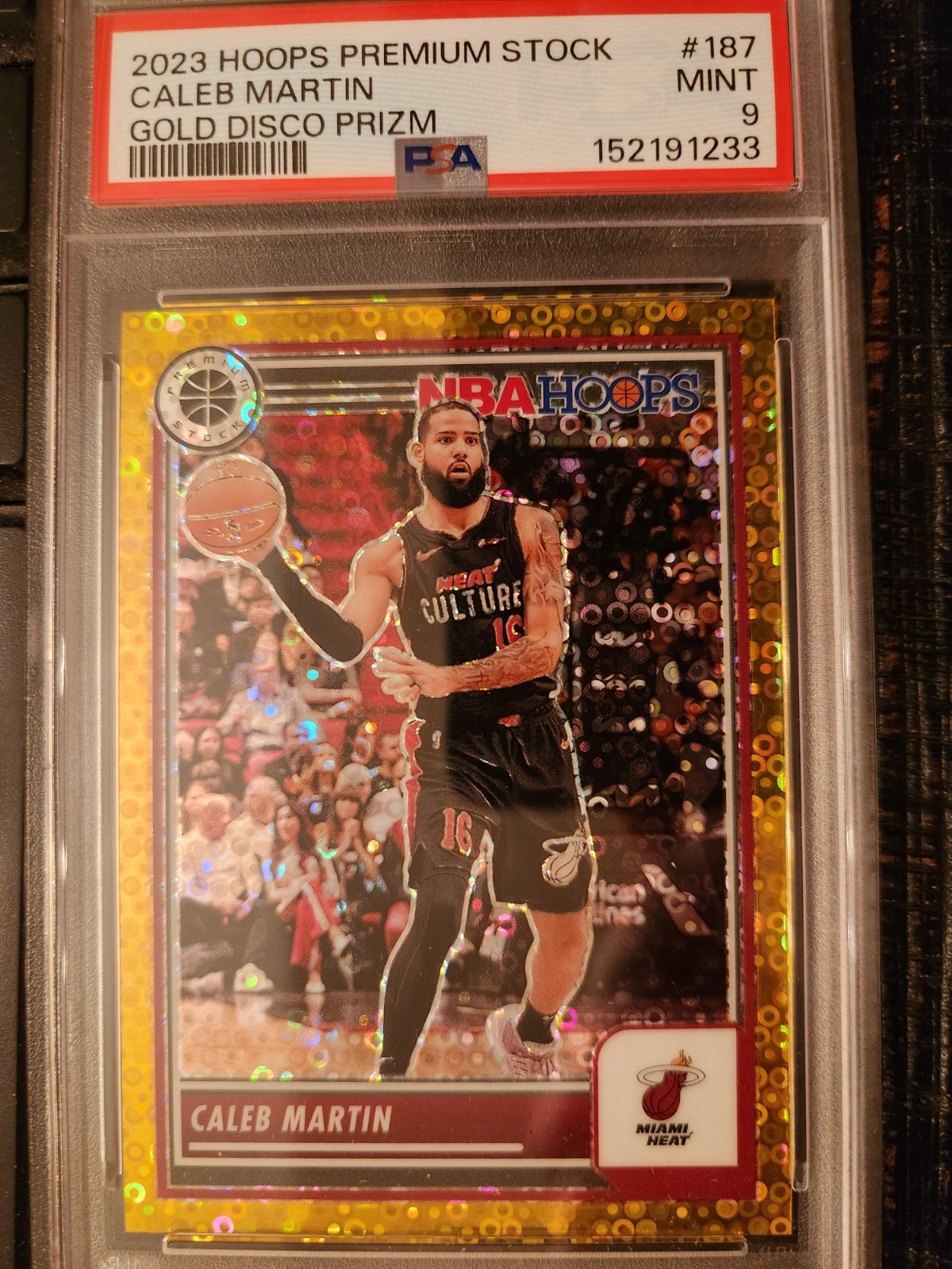 2023 Panini Hoops Premium Caleb Martin #187 1/10 Gold Disco Prizm PSA 9 Mint