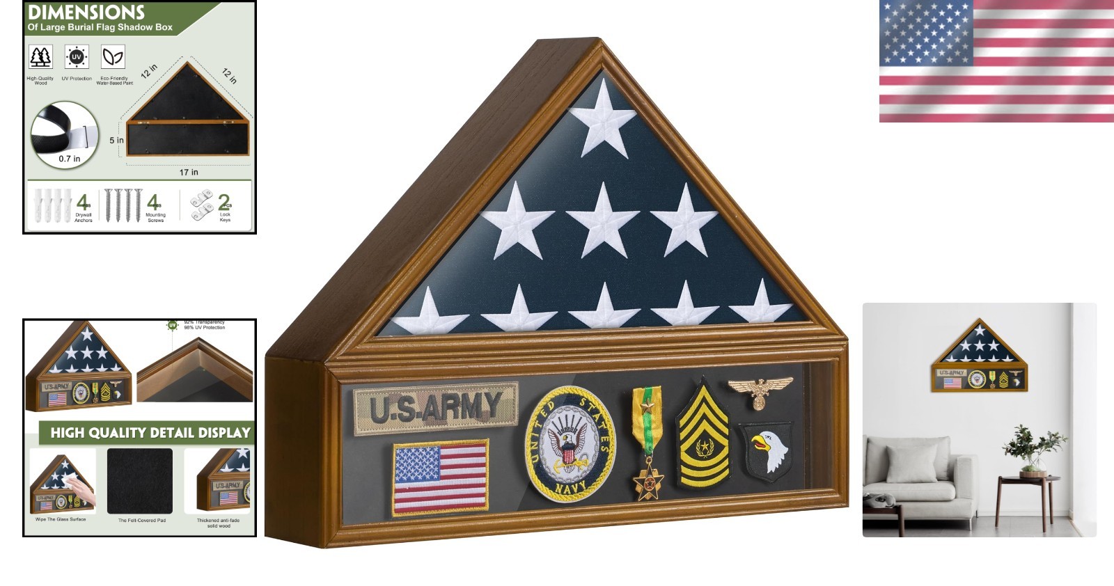 Flag Display Case for 3×5 US Flag Wall Mount Memorial Memorial Veterans