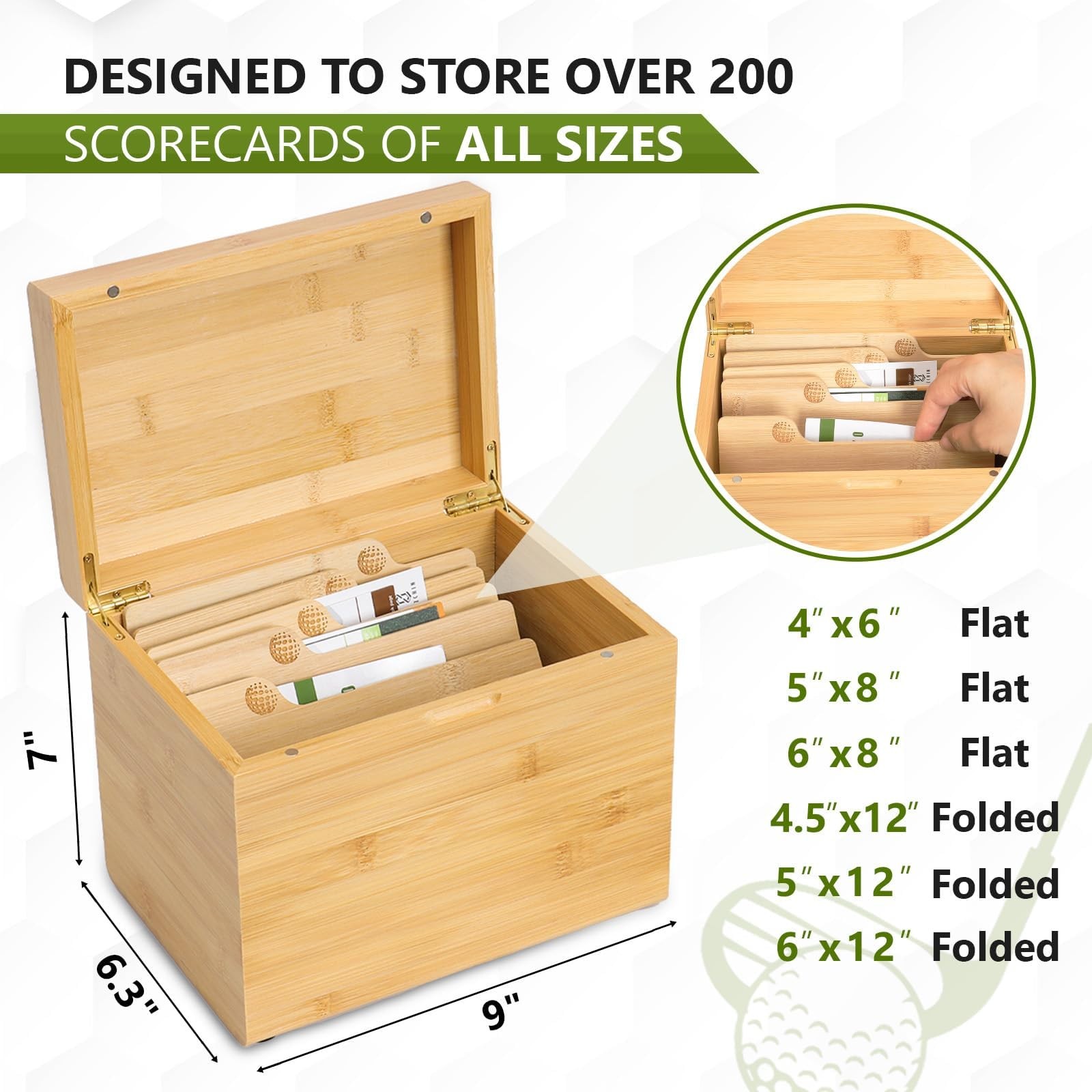 Golf Scorecard Collection Box with 5 Wooden Dividers – Golf Storage Box Organize