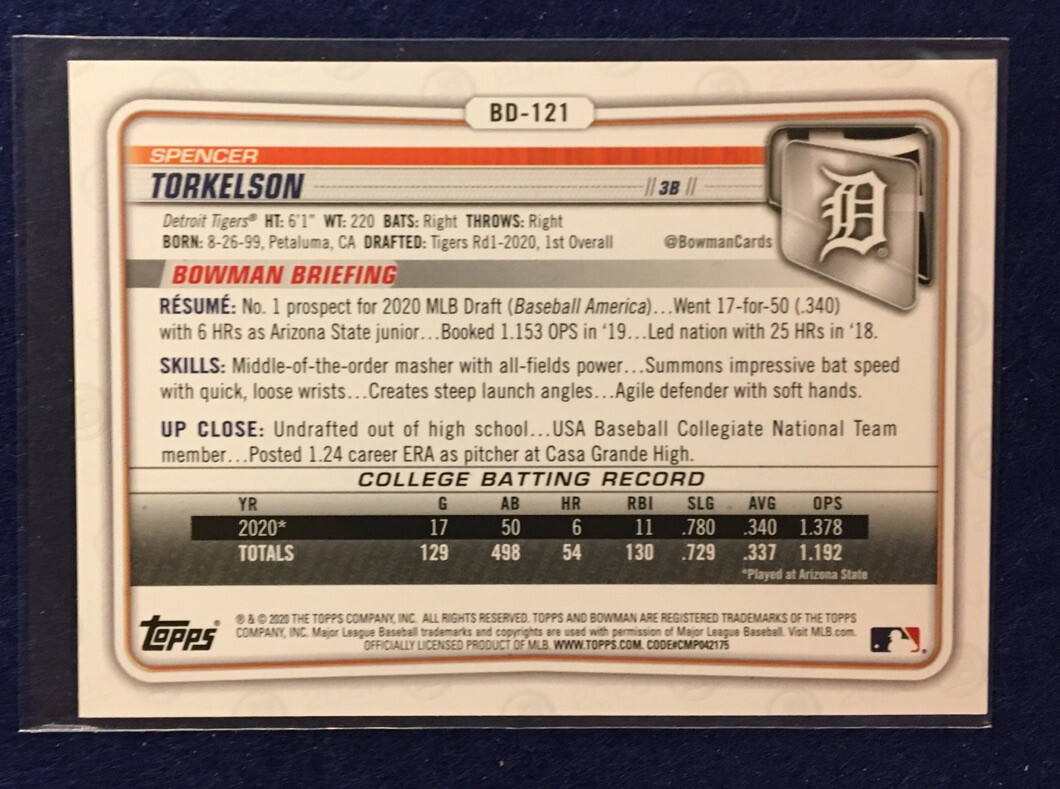 2020 Bowman Spencer Torkelson 1st Bowman Base #BD-121