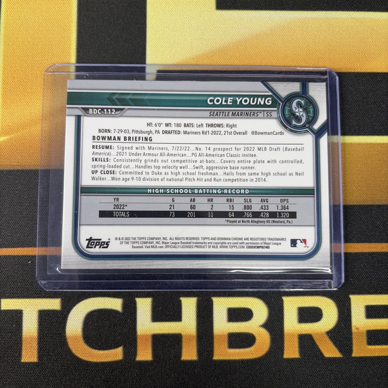 2022 Bowman Chrome Draft Sapphire Edition – Cole Young #BDC-112