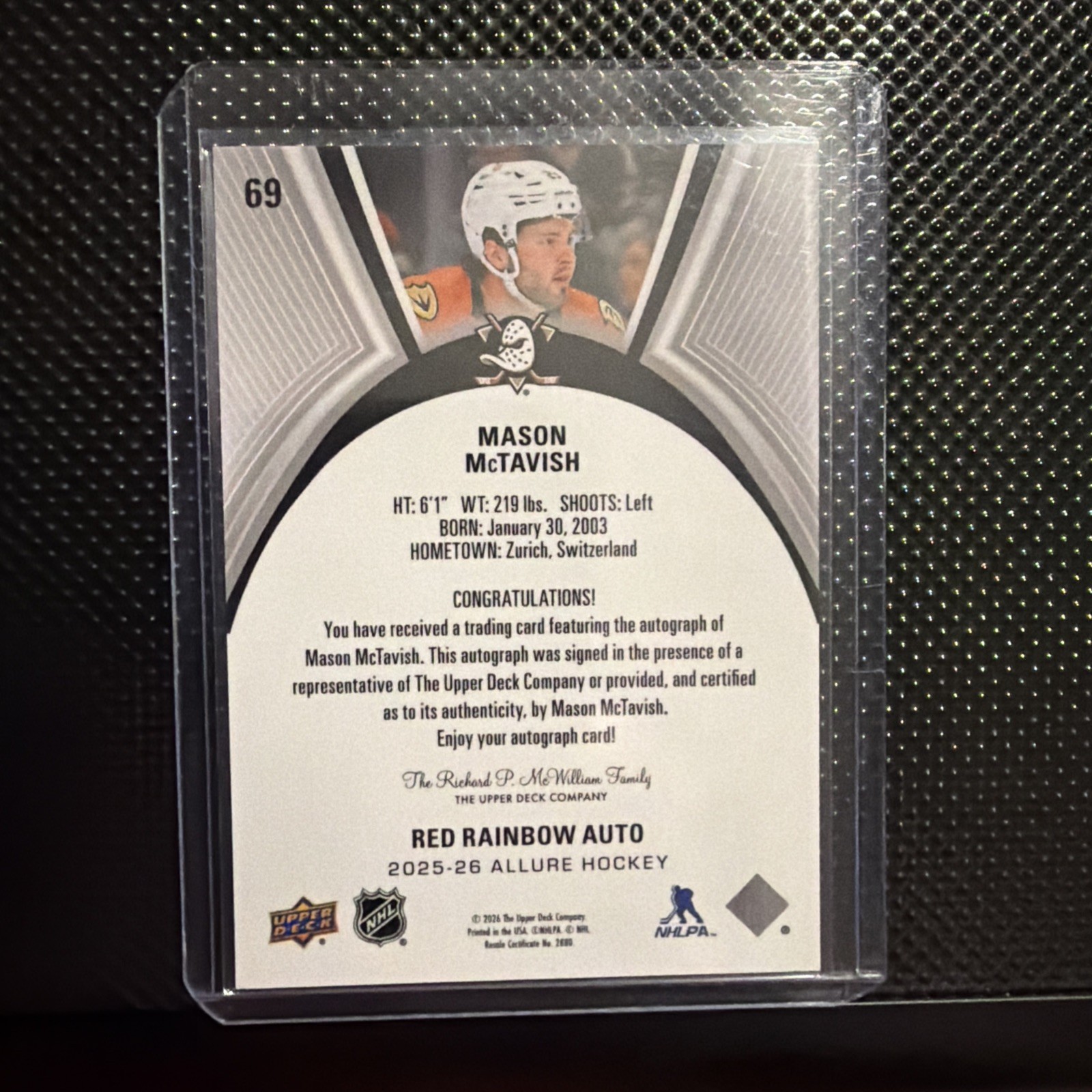 2025-26 Upper Deck Allure – Mason McTavish #69 Red Rainbow Autographs (AU)