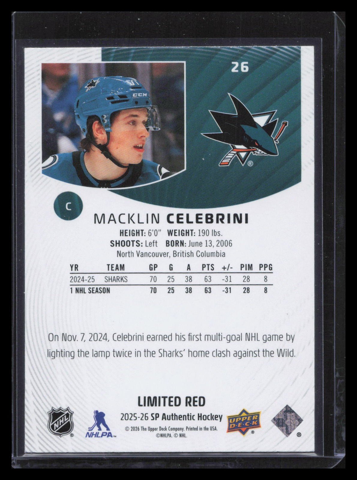Macklin Celebrini 2025-26 SP Authentic #26 Limited Red