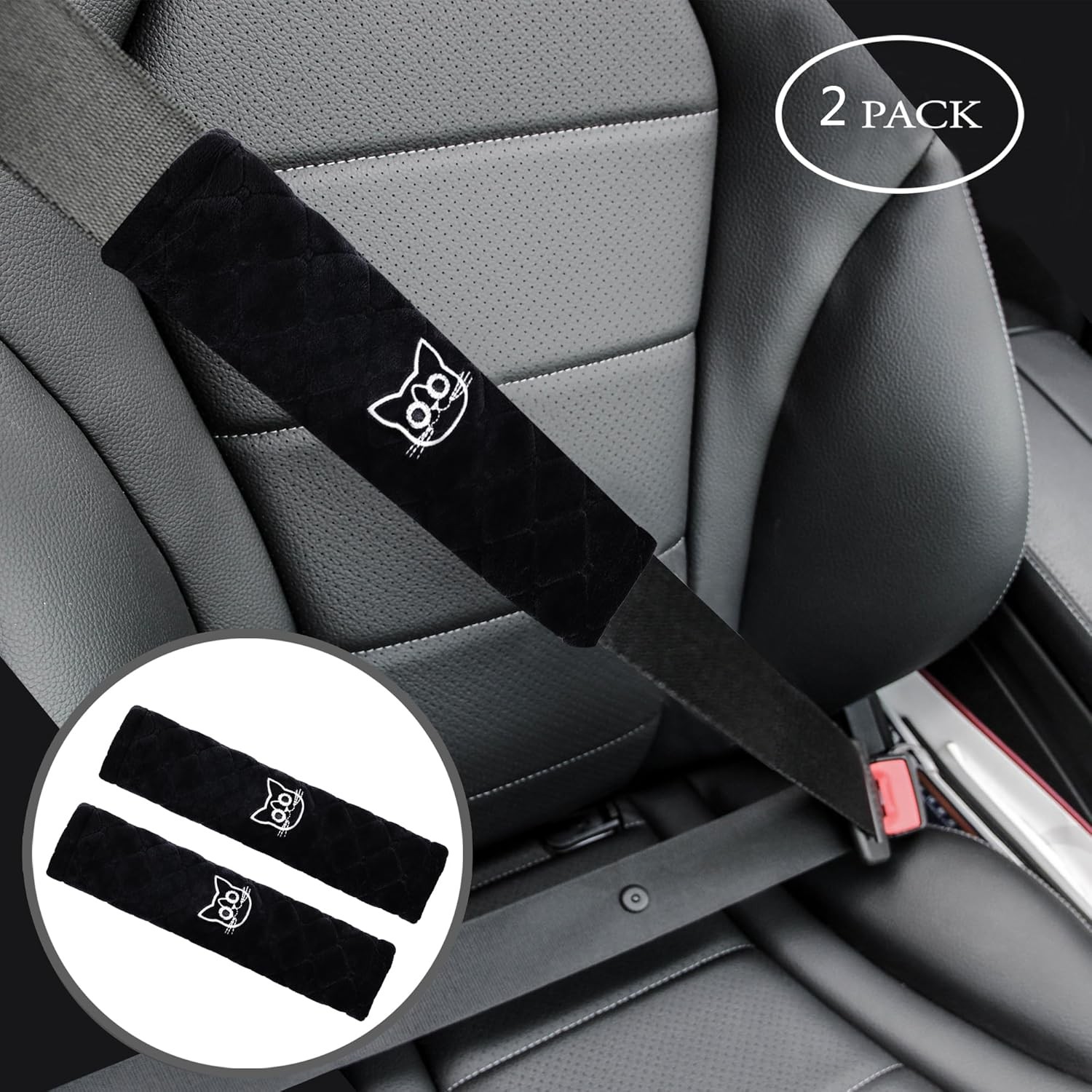 Amooca Soft Auto Seat Belt Cover Seatbelt Shoulder Pad Cushions 2 Black Cat