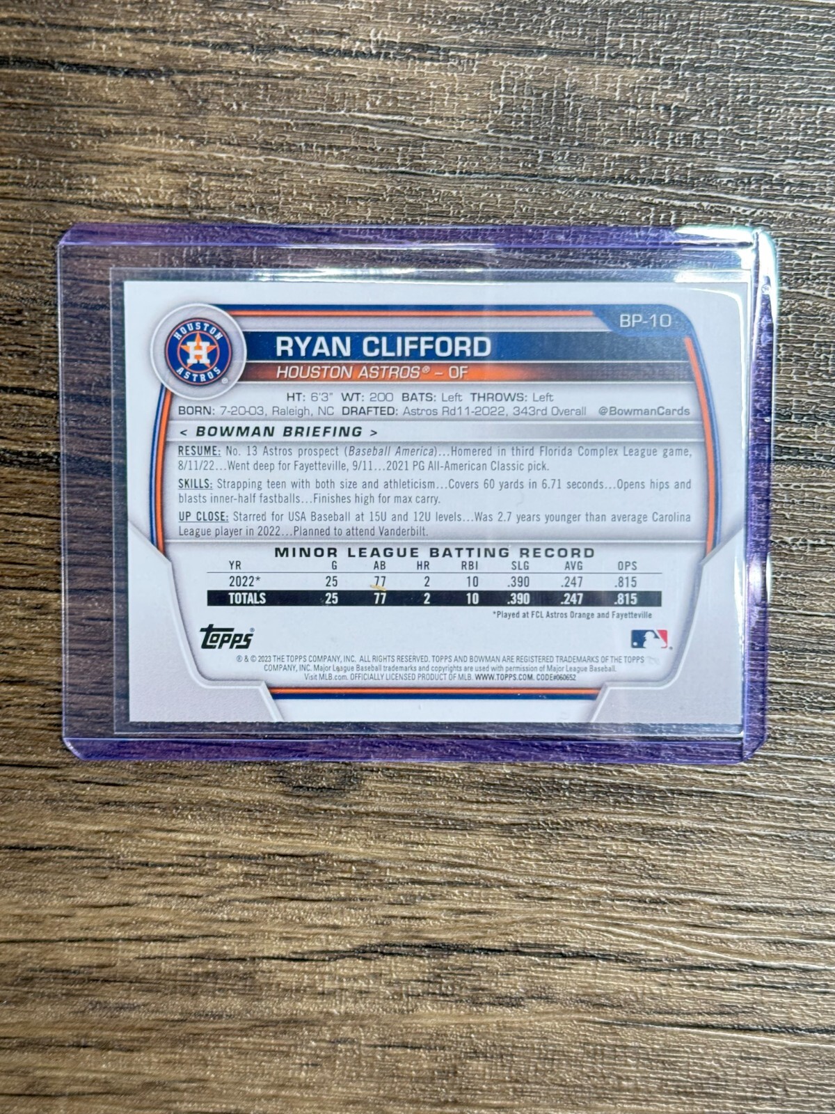 2023 Bowman RYAN CLIFFORD 1ST BOWMAN #BP-10 (RC) Astros